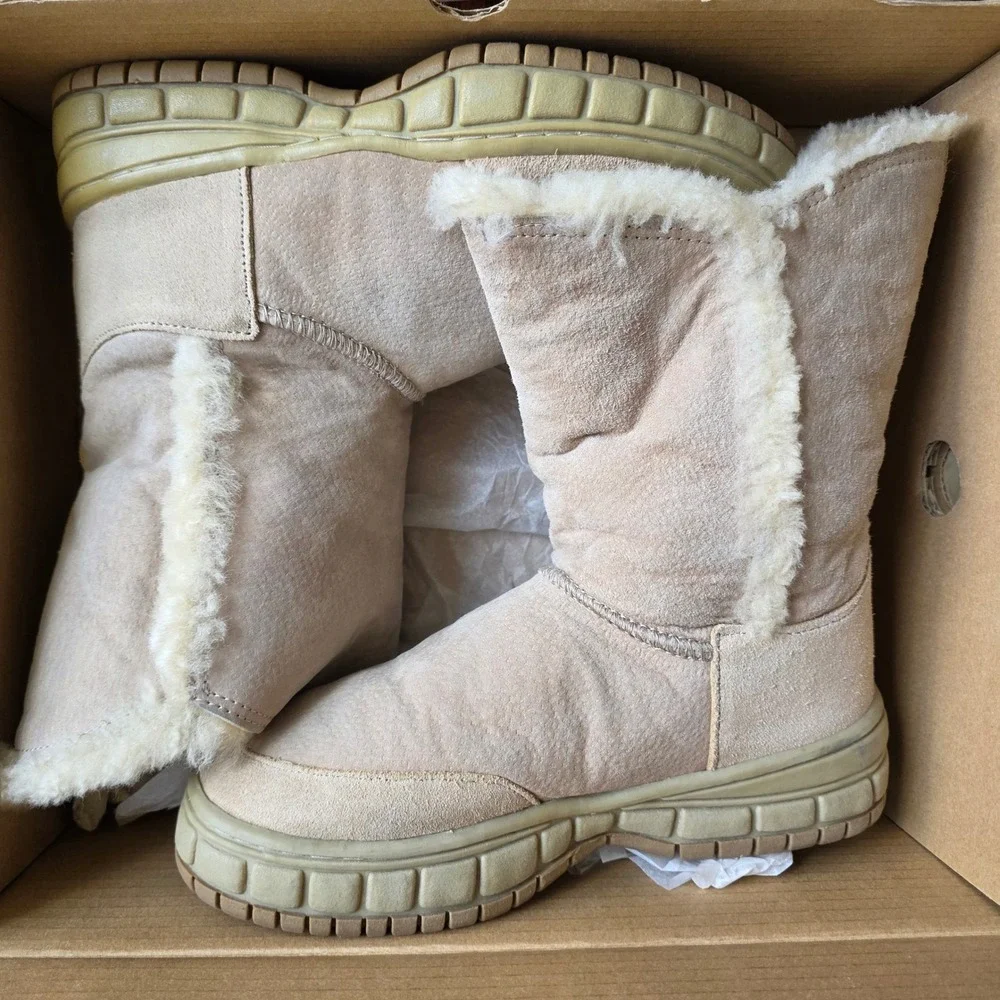 Aussie Dogs Tan‎ Suede Sheepskin Fur Lined Mid Calf Winter Boots Womens
